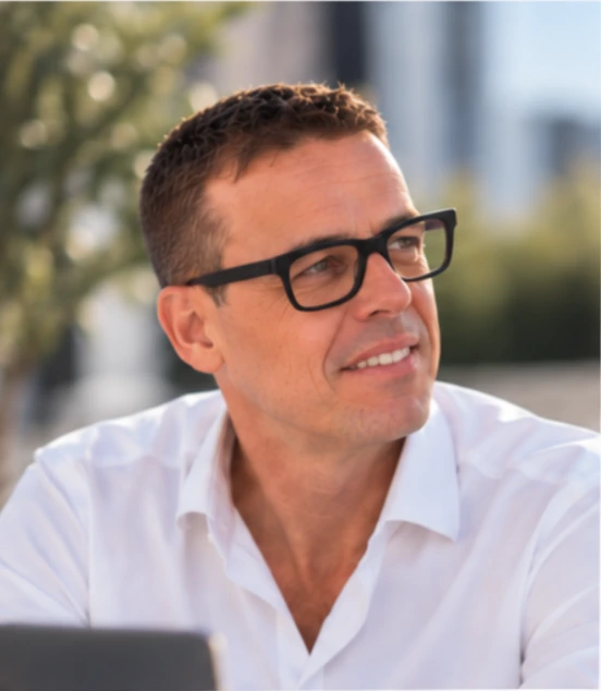 Hans Buysrogge in a white shirt and black thick-rimmed glasses looking slightly off-camera